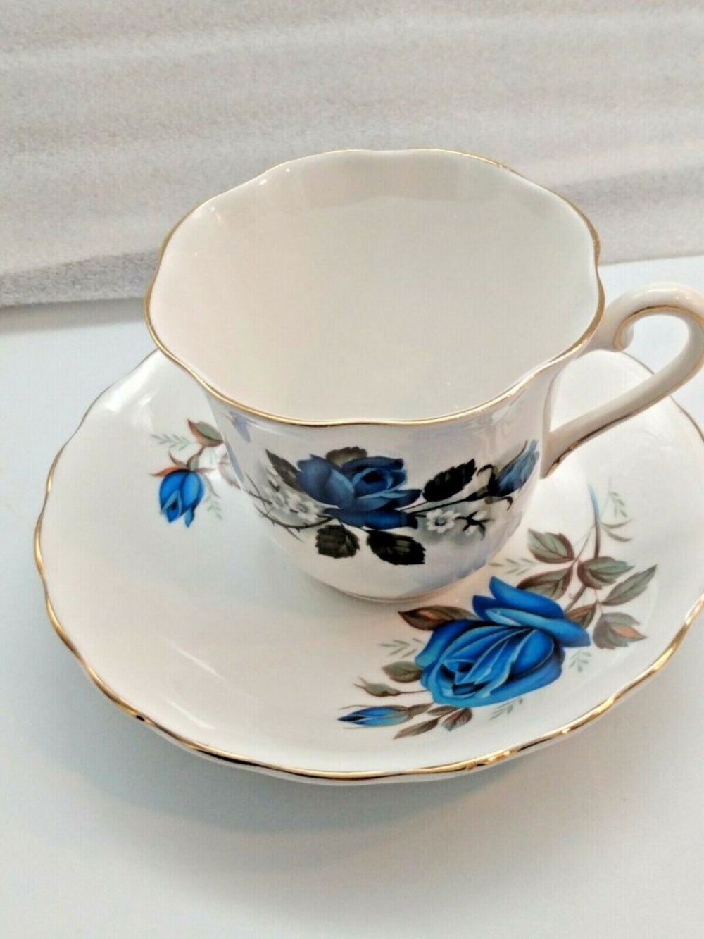 Vintage Victoria M.D. 1964 - Bone China Cup & Saucer Gorgeous Blue Rose Pattern